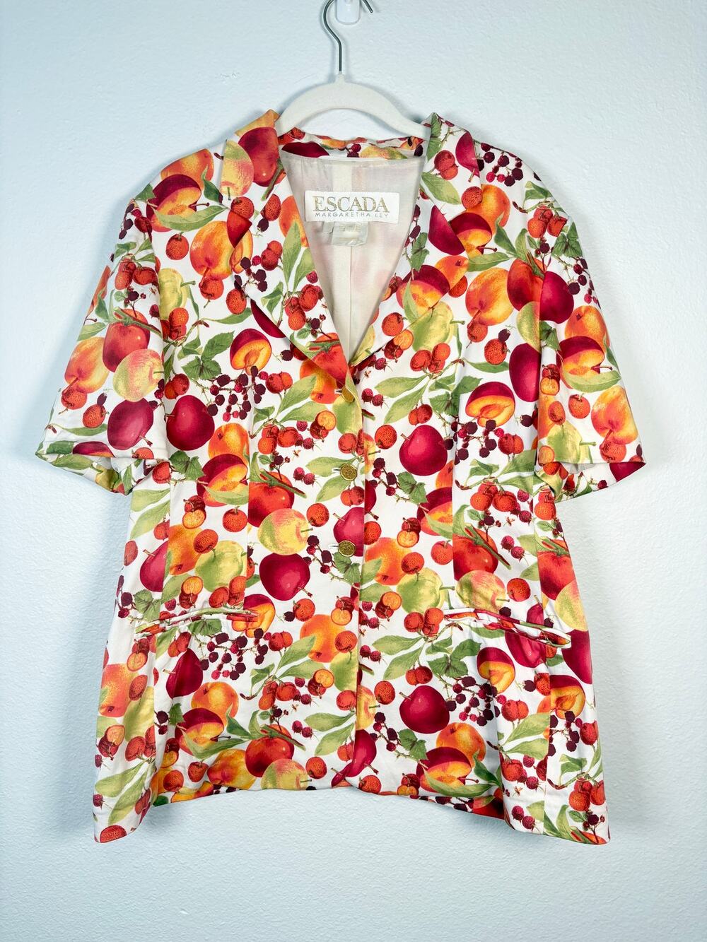 Women's Vintage Escada Autumnal Tone Fruit Printed Short Sleeve Blazer Jacket